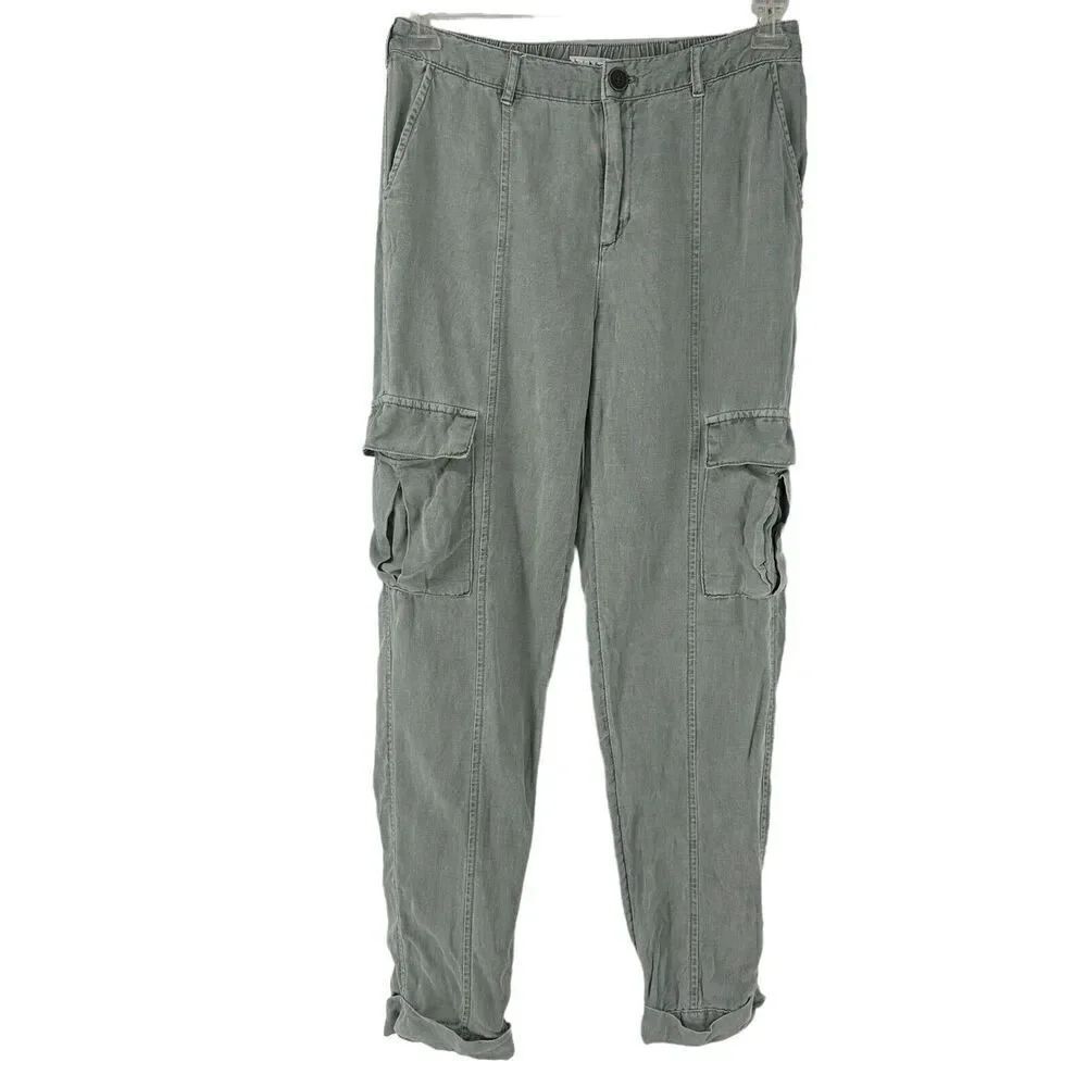 Nicole Miller Linen Cargo Pants Green Size S Tapered Cuffed Utility Breathable